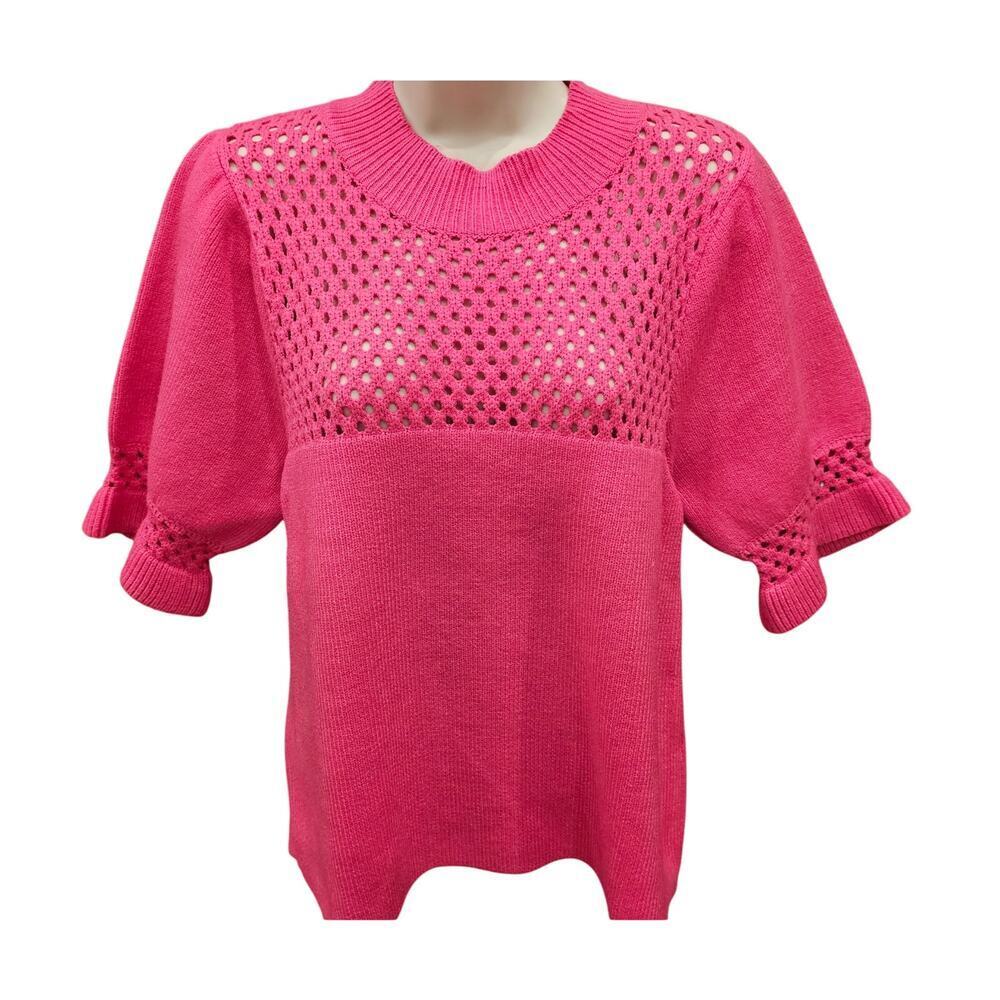 THML sz S pink puff statement blouse see through net accents NWOT bright fun